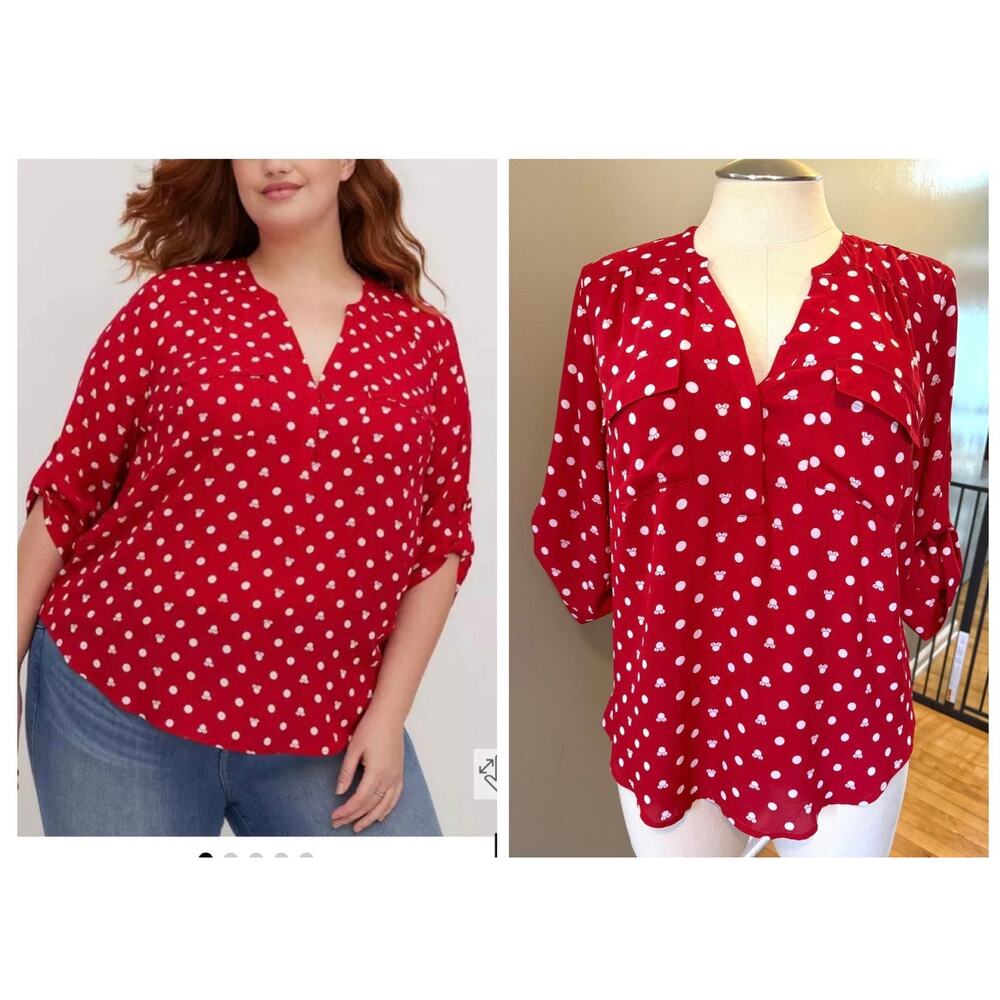 Torrid 3 (3X) Disney Minnie Mouse Polka Dot Georgette Harper Red Blouse Shirt